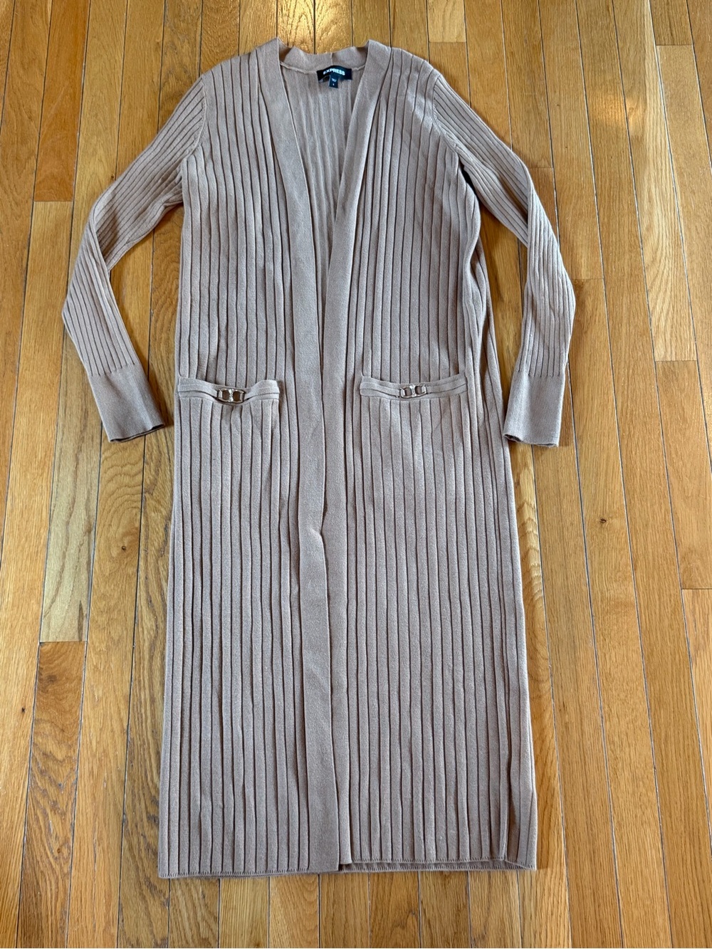 Express Long Open Front Pockets Ribbed Cardigan Sweater Camel Brown Size Small